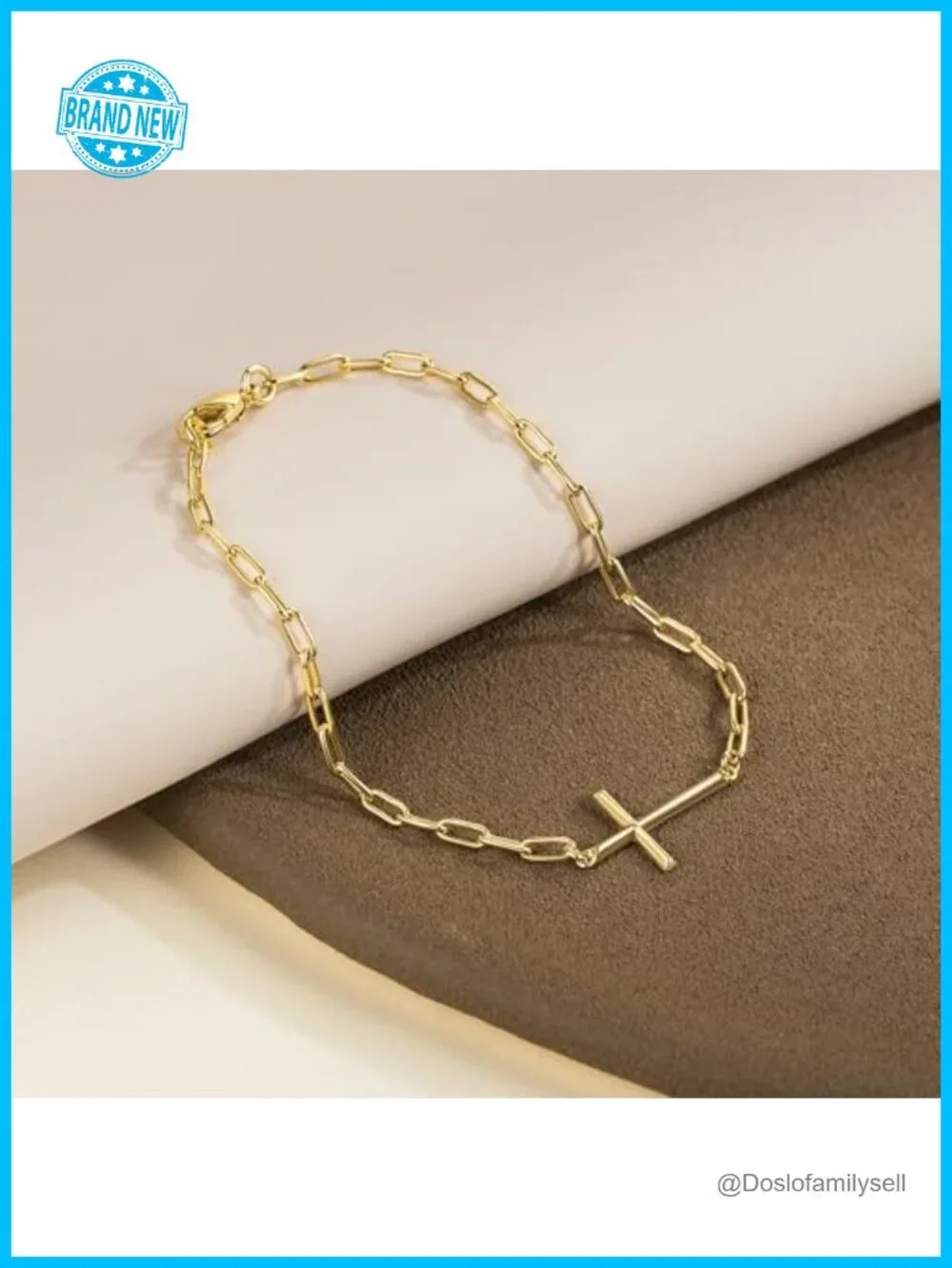 14K Gold Plated Paperclip Chain Bracelet for Women with Cross Charm Stackable
